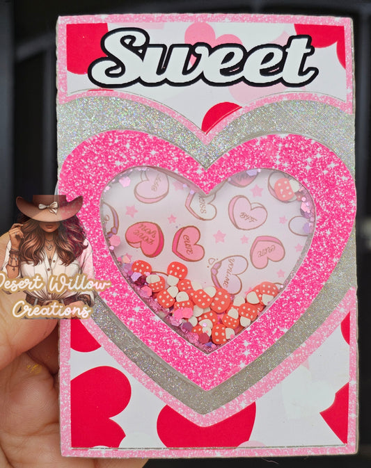 Abc Candy heart insert cardstock with shaker acetate.